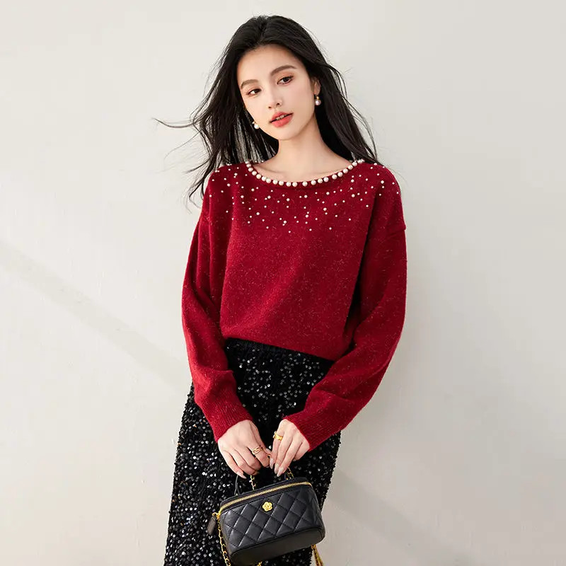 2025 Autunno francese retrò rosso perla design senso pendolarismo temperamento versatile maglione con un colletto per le donne