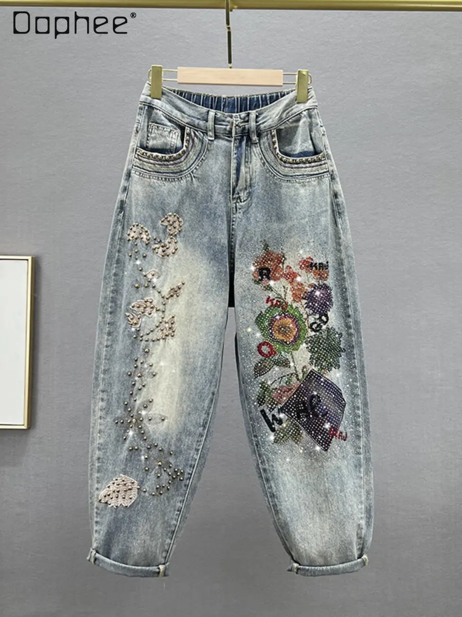 Women's Clothing Heavy Industry Diamond Embroidered Jeans 2023 Spring New Loose Slimming Printed High Waisted Jeans Female