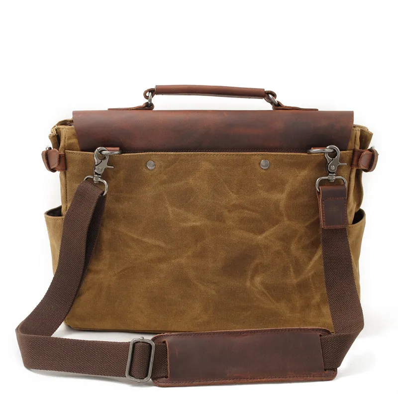 Men's Retro Briefcase Computer Laptop Bag Waxed Canvas Stitching Cowhide Leather Handbags Work Male Portable Shoulder Messenger