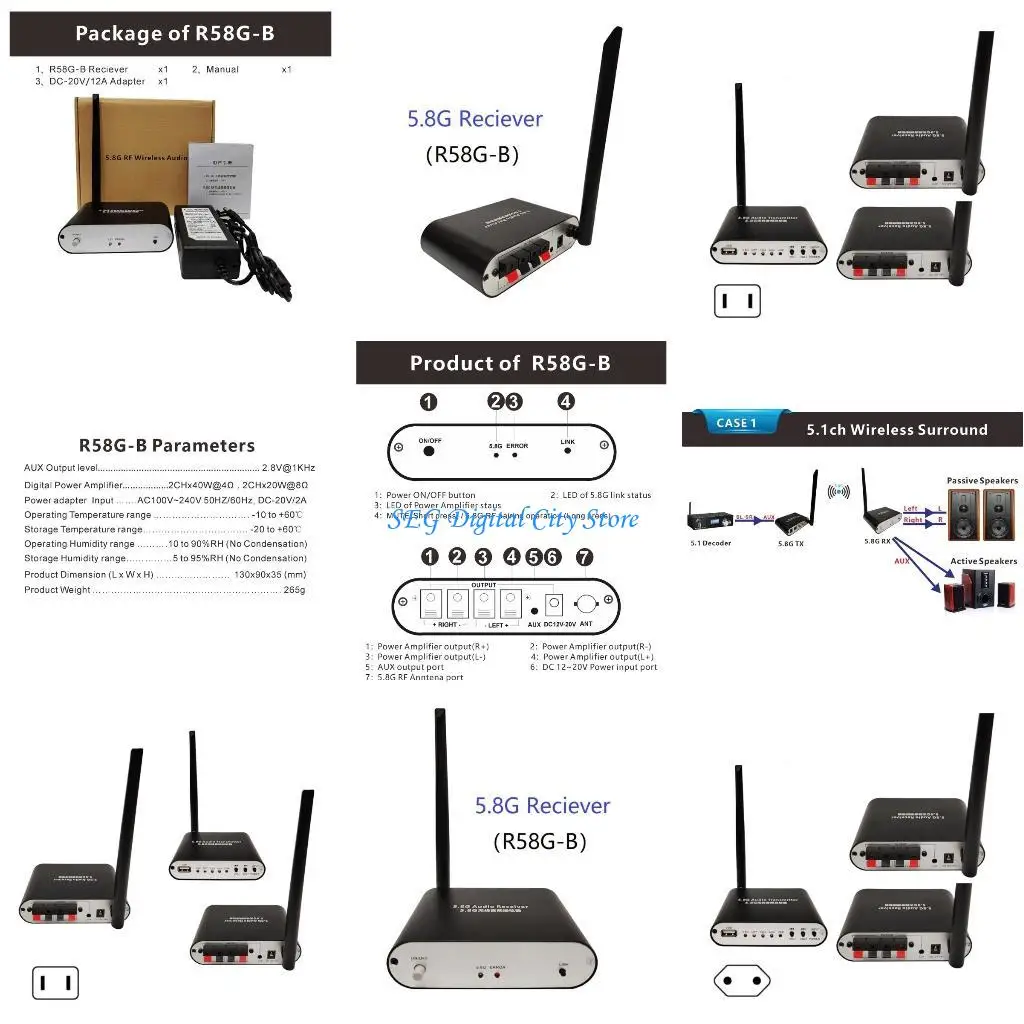 

U75B 5.8G Wireless Transceiver 5.1CH Surround Transmitter Reciever Optical Coaxial andAUX 2x40W Power Amplifier