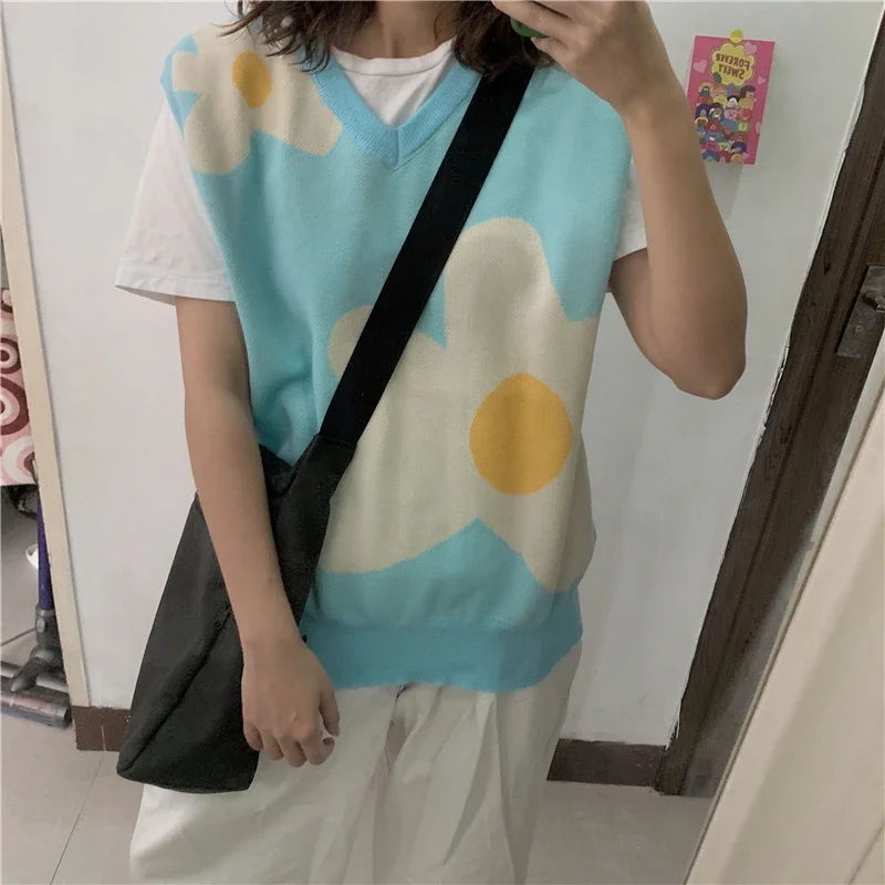 Kawaii Floral Vest Knitted Sweater for Girl 2023 Christmas Knitwear Chic Fashion Sleeveless Jumper Yellow Blue Pullover Women