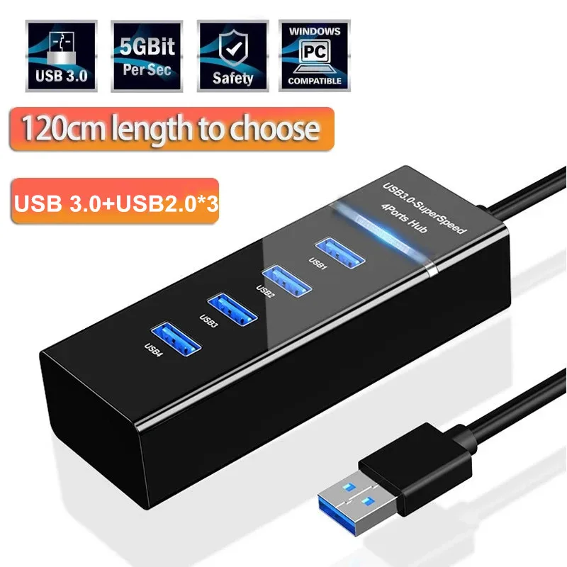 Elough 4 Ports USB Hub 3 0 High Speed Multi USB Splitter Adapter OTG For Xiaomi Lenovo PC Computer Accessories 30/120cm