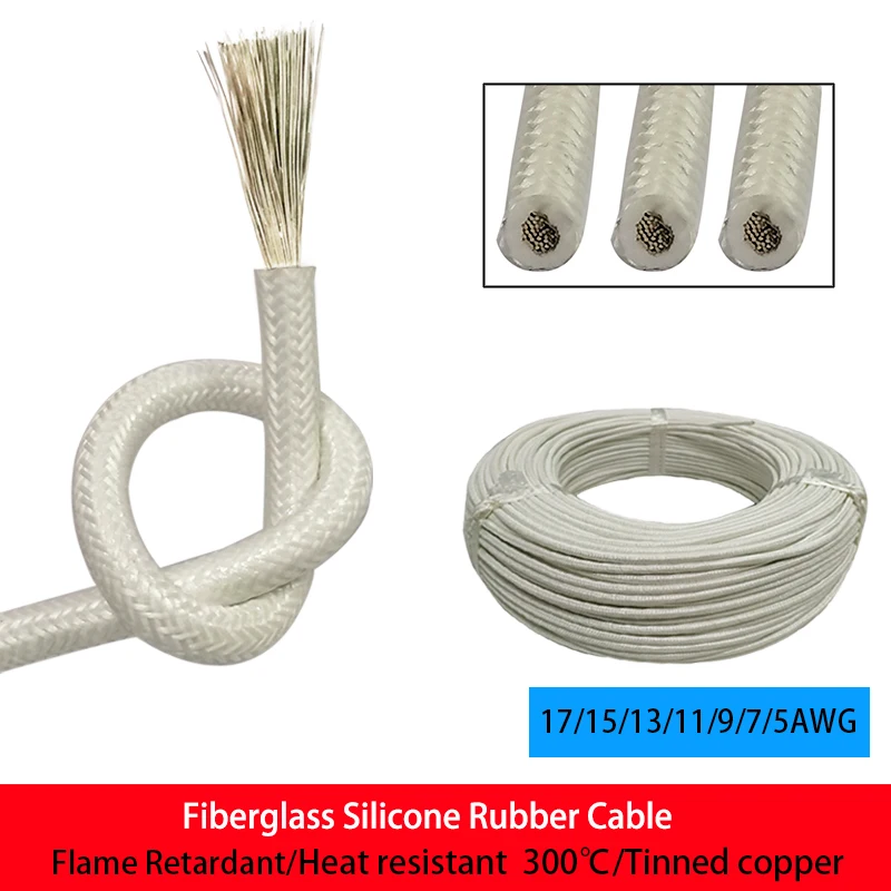 Fiberglass Silicone Rubber High Temperature Cable 300 ℃ Tinned Copper Core17/15/13/11/9/7/5AWG Refractory Wire Heating Oven Wire