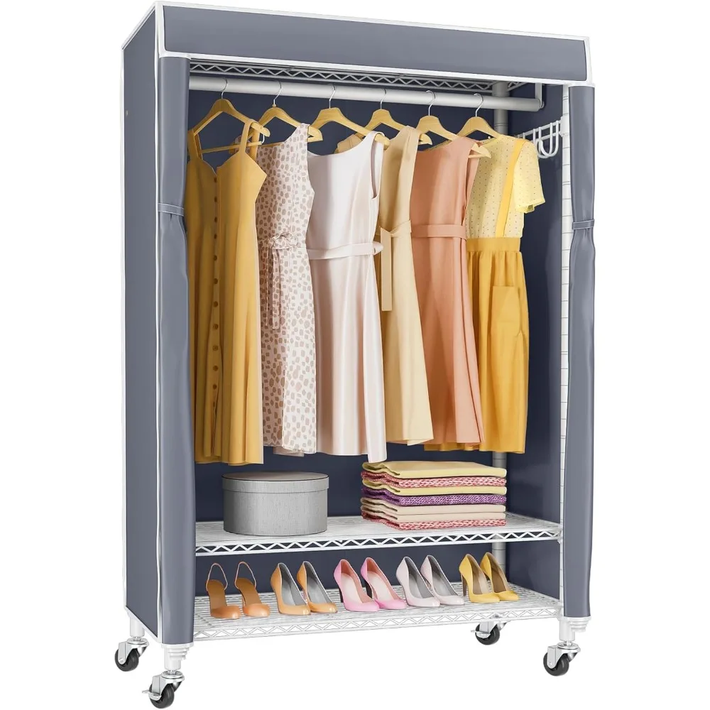 

R1C Portable Closet with Cover - Heavy Duty Freestanding Clothes Rack with Wheels & Hanging Rod & Side Hooks, 36.6" Lx17.3