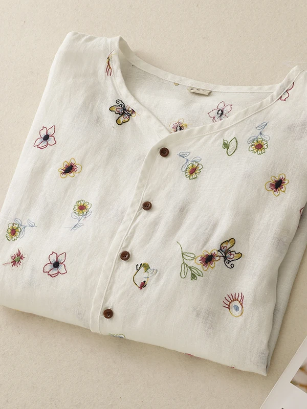 Ele bordado algodón lino irt mujer verano Slim Fit Casual irt ligero suelto Sle Lantern Sve Top