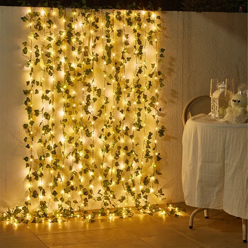 Green Leaf String Lights Artificial Ivy Vine Fairy Light Garland Wedding Party Decoration Christmas Home Room Wall Hanging Plant