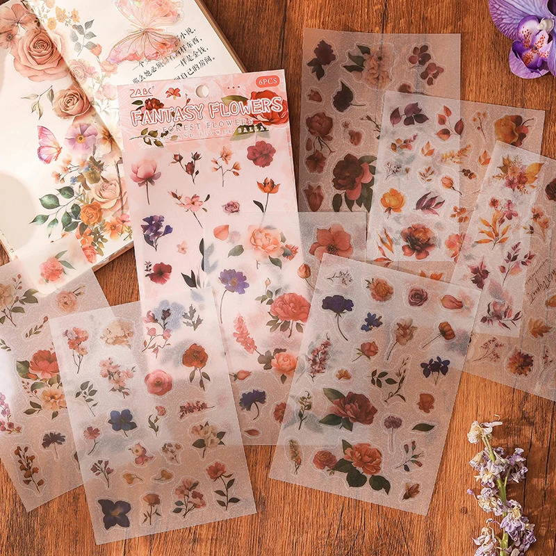Card Lover 6 Pcs [Memory Frame Scene Series] Salt Based Retro Plants And Flowers Tracing Paper Sticker Material Scrapbook Kit