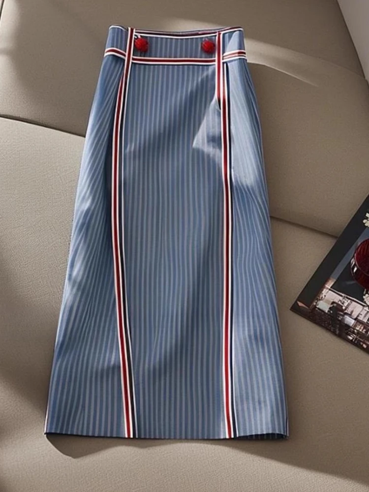 

Striped Skirt For Women Summer Elegant Versatile Slim Fit Midi Skirt Fashion Office Lady Temperament A-line Skirt