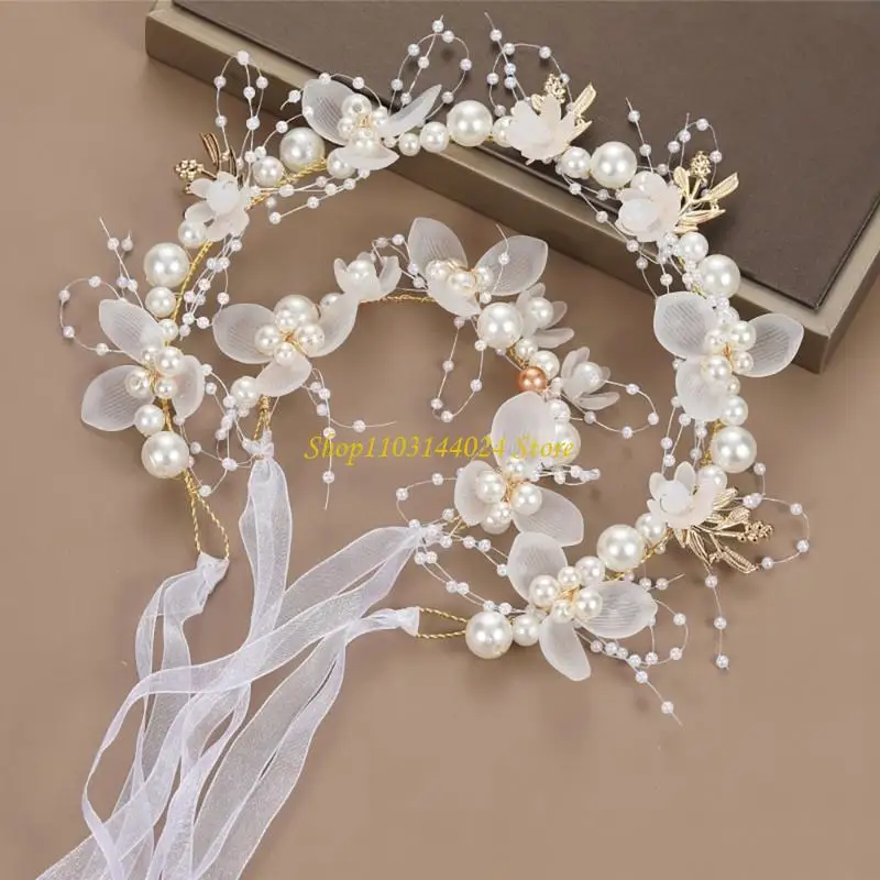 N5KE Flower Girls Tiaras Headband with Wrist Flower Artificial Pearls Flower Hair Accessories for Wedding Special Occasion