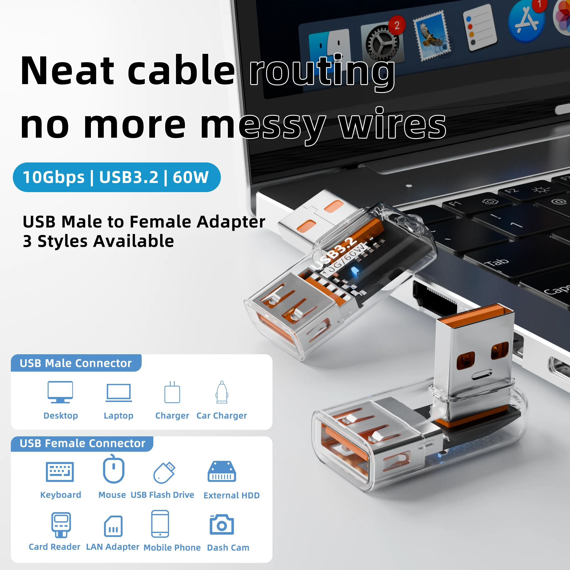 USB 3.2 90 Degree USB A Male to Female Adapter 10Gbps Data Transfer 60W Fast Charging OTG Right Angle Connector for Laptop Phone