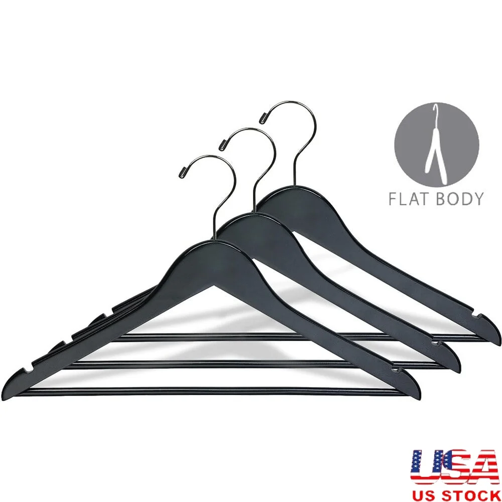 

Sturdy Black Wooden Suit Hangers with Pant Bar Set of 25 Space-Saving Design Polished Chrome Swivel Hook Durable Storage