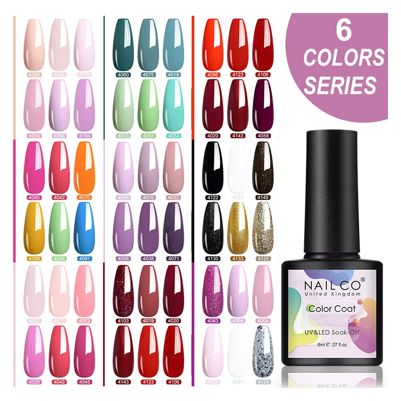 NAILCO Pink Blue Red Gel Nail Polish 6Pcs/Kit Semi Permanent Glitter Sequins Nail Polish Set Soak Off UV Varnish Nail Art Design