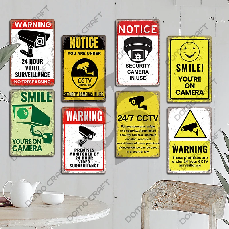 Warning CCTV Tin Signs Metal Plaque Notice 24 Hour Security Camera Vintage Poster Metal Plate Wall Decor for Mall Shop Bar Home