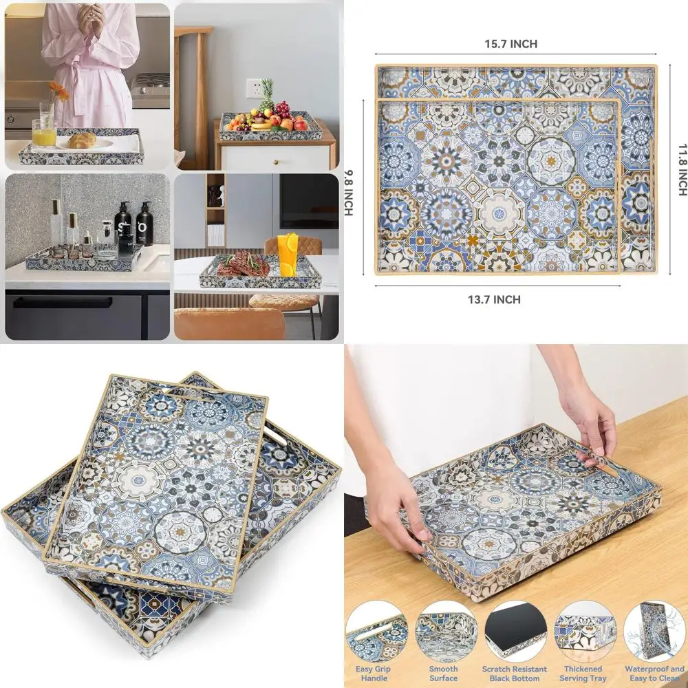 

2-Piece Decorative Serving Trays with Handles - Large Ottoman Style for Living Room and Breakfast