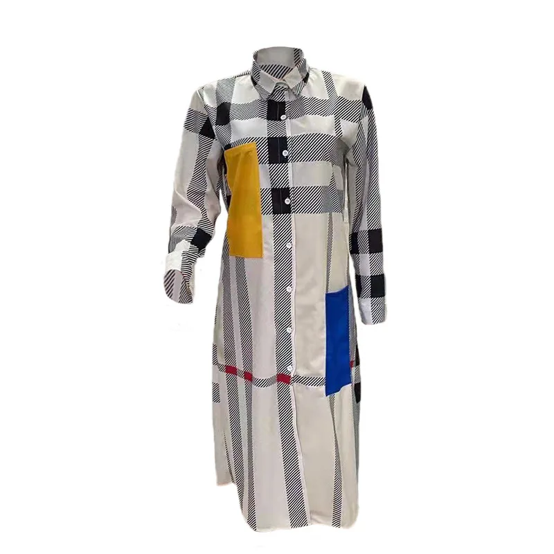 Dresses Women Mid Length Dress Shirts Turn Down Collar Spring Print Plaid Casual Loose Single Breasted Vestidos Maxi Streetwear