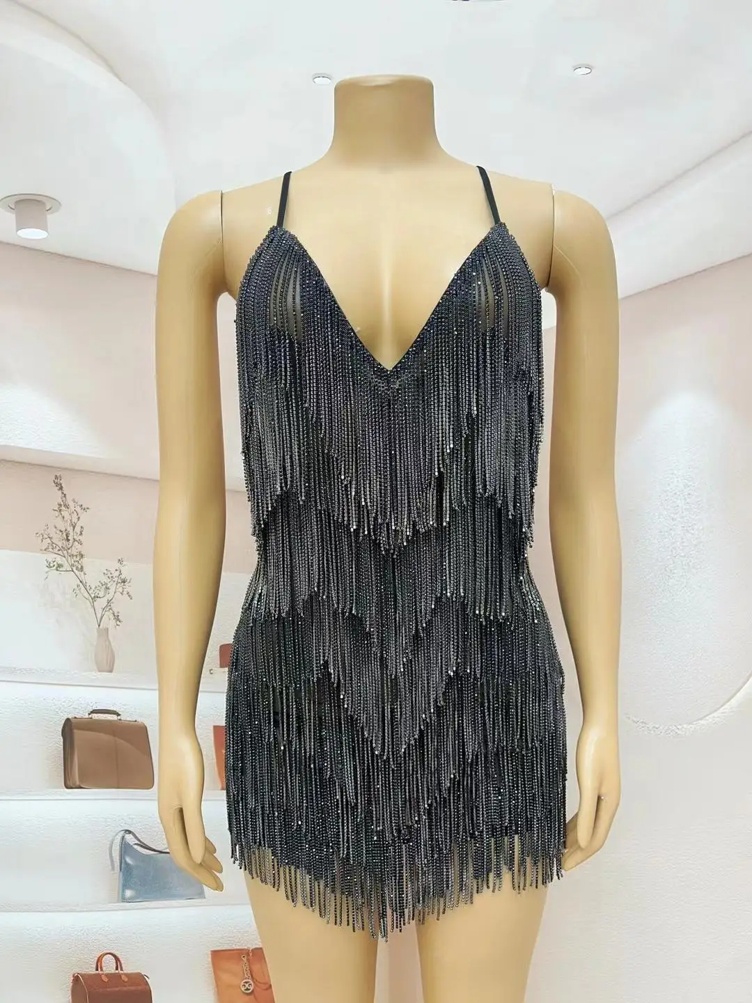 Women Sparkly Rhinestone Tassel Dance Dress Birthday Prom Evening Dress Ladies Latin Dance Team Mini Dress Night Party Outfit