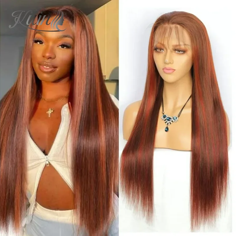 

Straight Highlight Wigs Human Hair Lace Frontal Wig Ombre Brown Colored Wigs 150% 13x4 Transparent Lace Front Wig Pre-Plucked