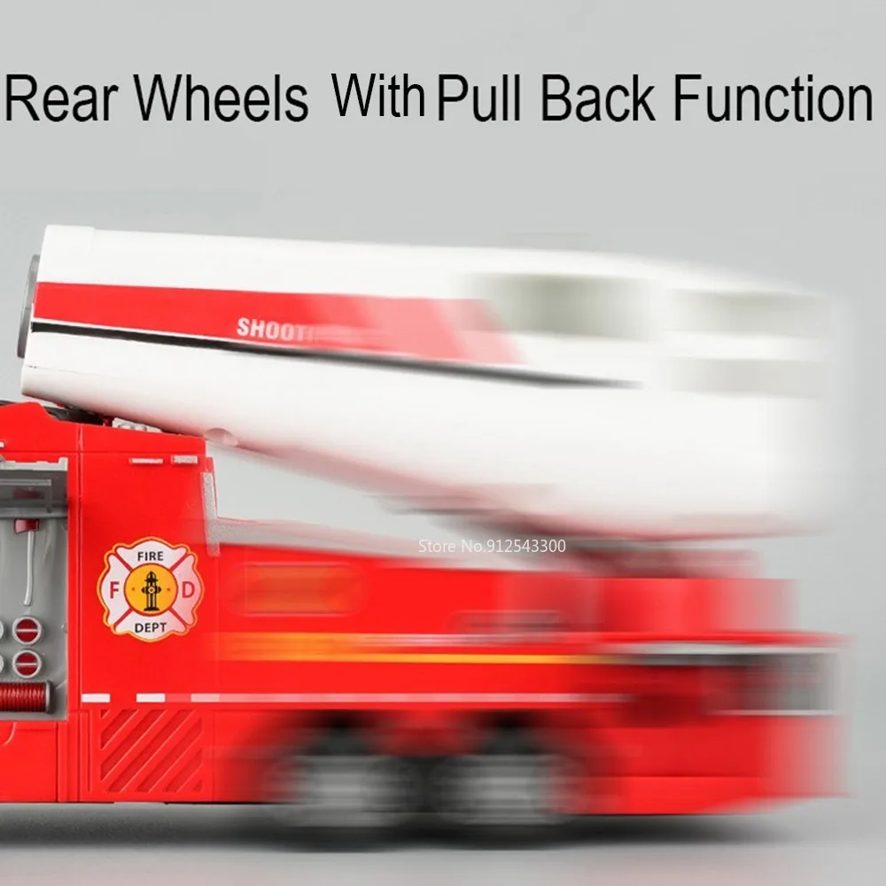 1/32 Scale Fire Truck Model Car Toy 2 Doors Opened Electric Water Spray Metal Diecast Vehicles with Pull Back Toys for Kids Gift