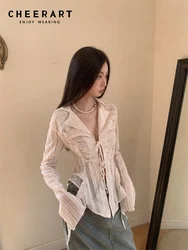 CHEERART Bandage Chiffon Long Sleeve Shirts & Blouses Designer Top For Women 2023 Collar Shirt Fashion Trendingclothes