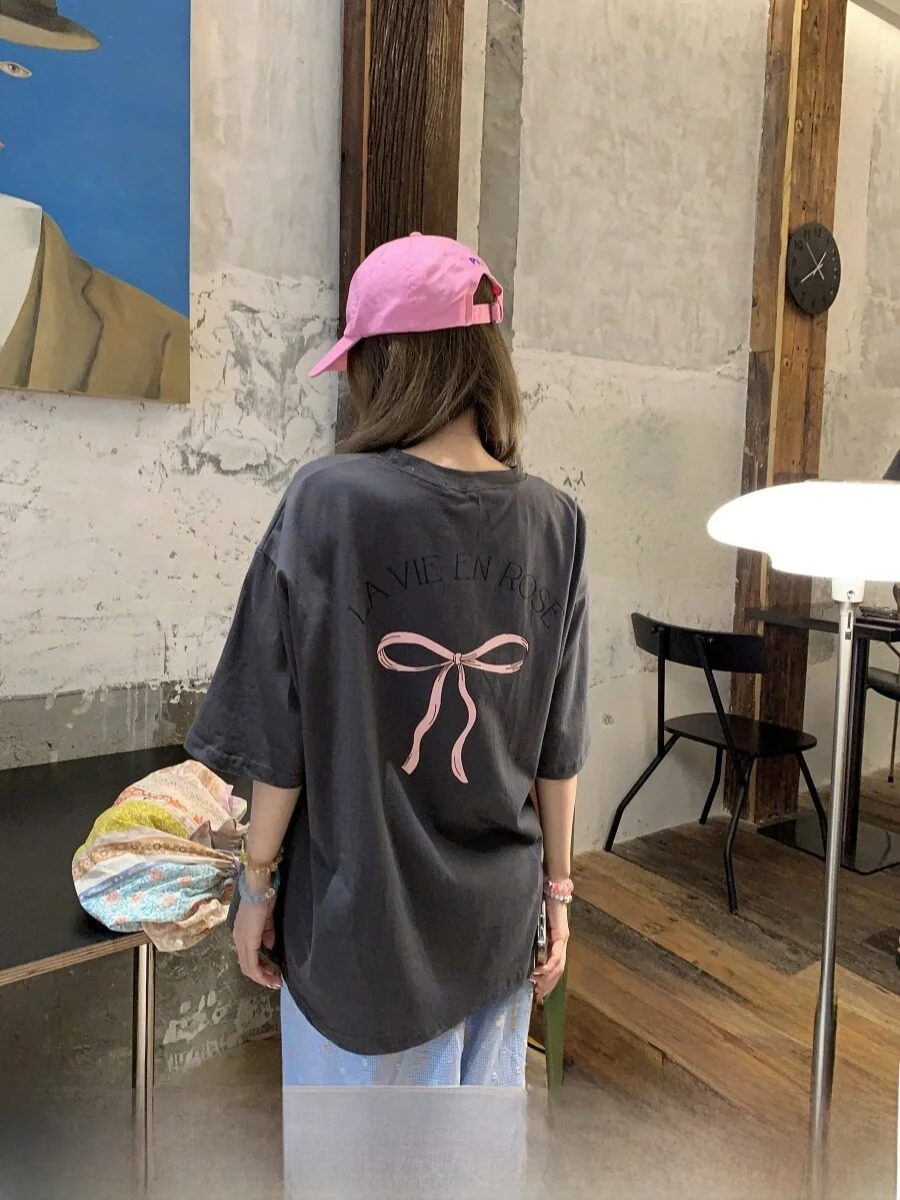 Pure Cotton Short Sleeve T-Shirt Women's Summer New Design Back  Knot Printed White Top Trendy Korean Style Loose Fit