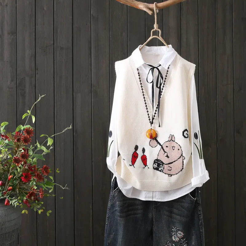

Knitted Sweater Vest Women Spring Autumn Faion Loose Korean Sle V-Ne ort Casual Top Trendy Clothing ESAPALRO Brand