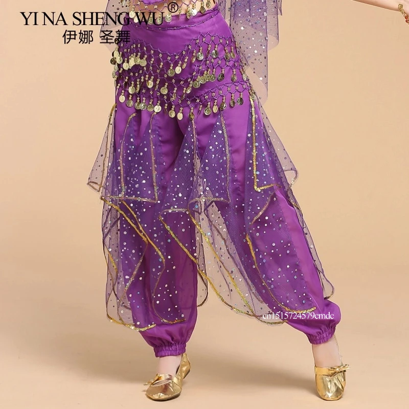Damskie spodnie do tańca brzucha Bollywood Oriental Indian Dance Practice Costume Chiffon Trousers Gold Trim Rotating Pants