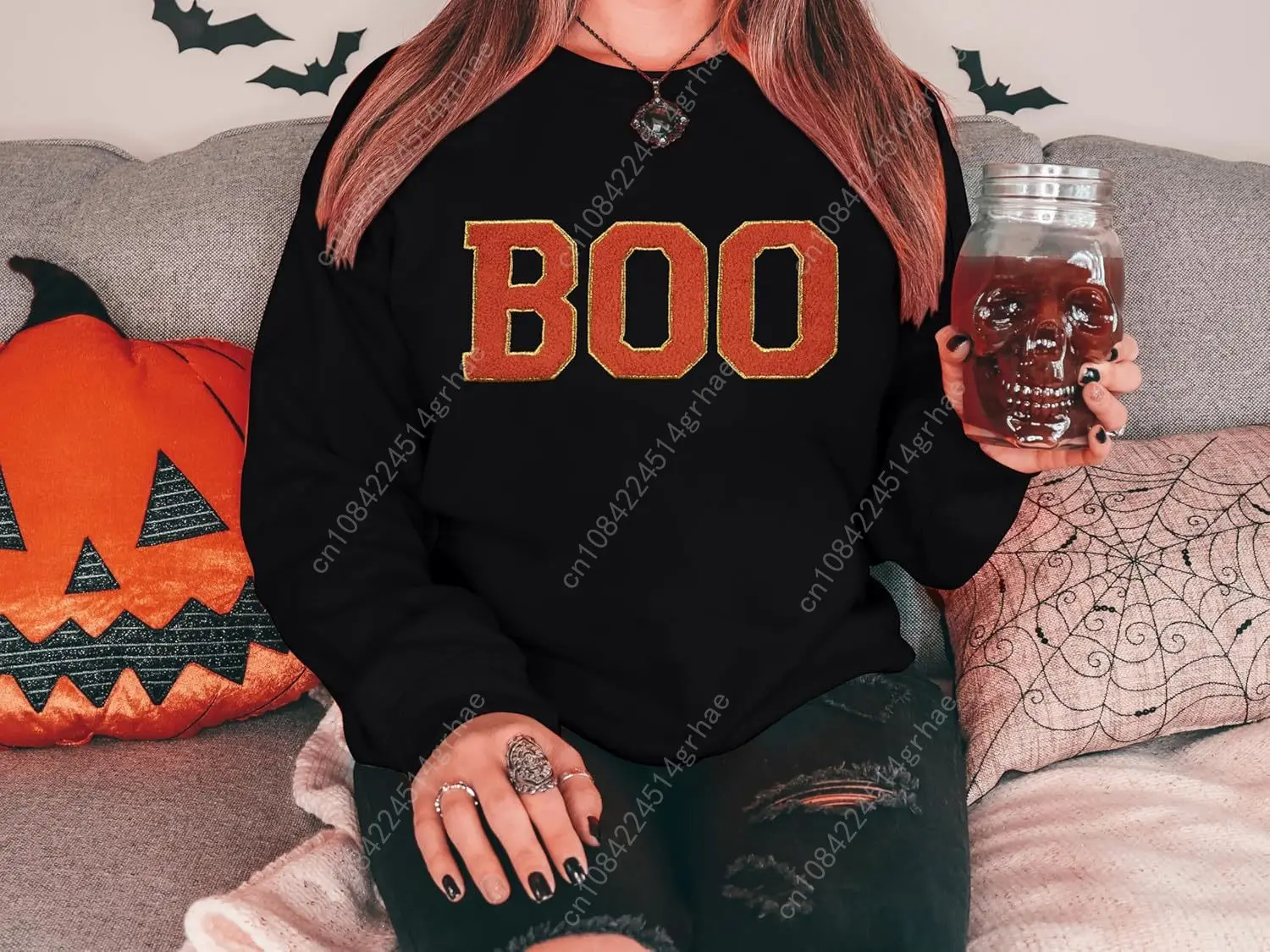 Halloween Sweatshirt voor Dames Boo Geborduurde Truien Schattig Spooky Seizoen Shirt Lange Mouw Herfst Winter Pullover Tops