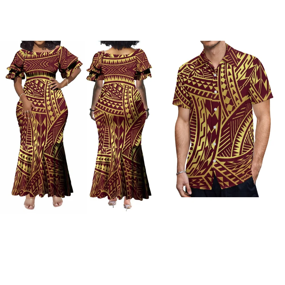 Polynesian Couple Suit Custom Summer Round Neck Ruffled Cuff Fishtail Skirt Slim-Fit Long Skirt Hawaiian Formal Men'S Shirt