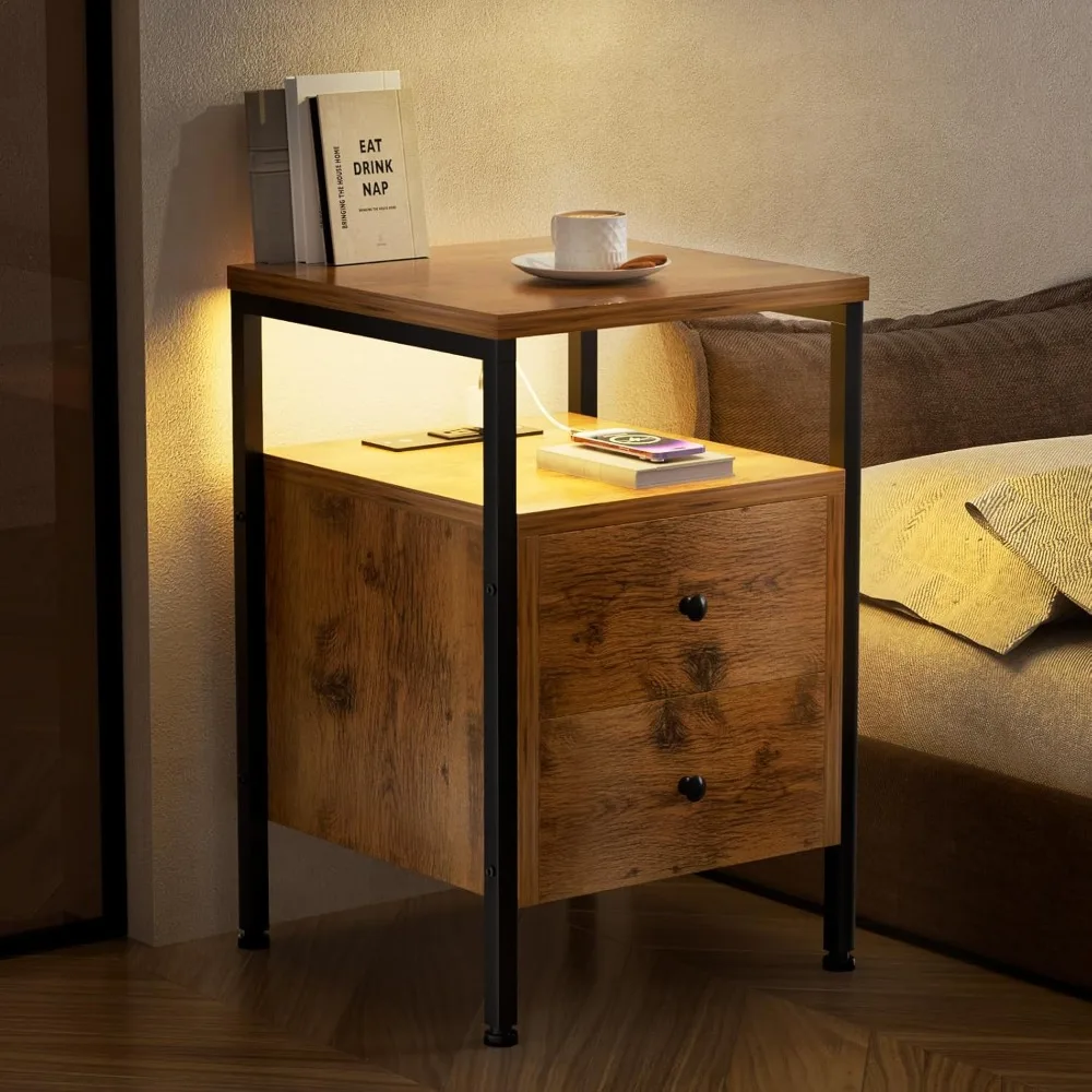 

Nightstand with LED Light, Charging Station, 2 Deep Drawers & Shelves, Wood Night Stand Bed Side End Table for Bedroom