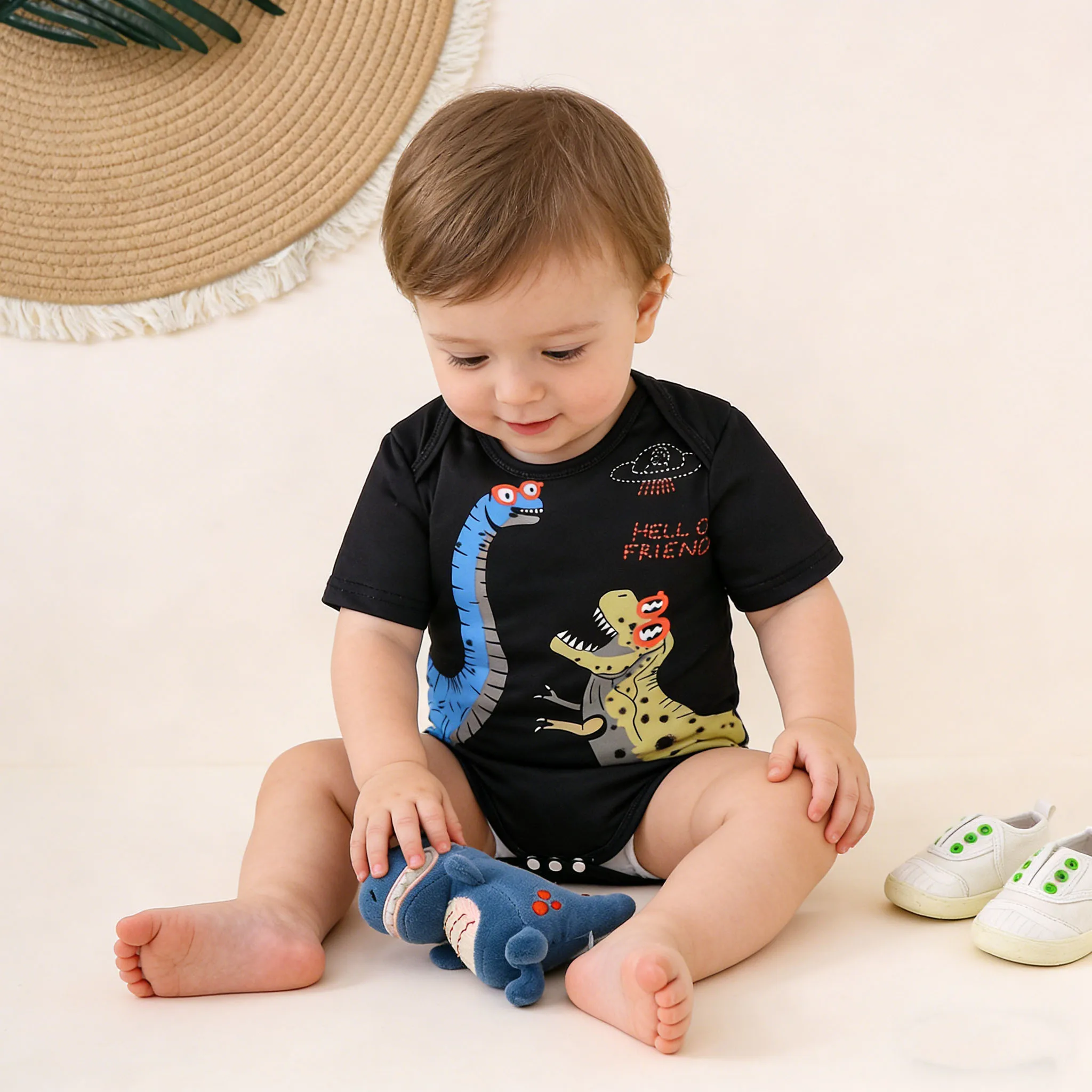 

Новый летний детский комбинезон с короткими рукавами и принтом динозавра, дышащая летняя одежда для малышей, забавный тематический комбинезон для ползания в форме треугольника