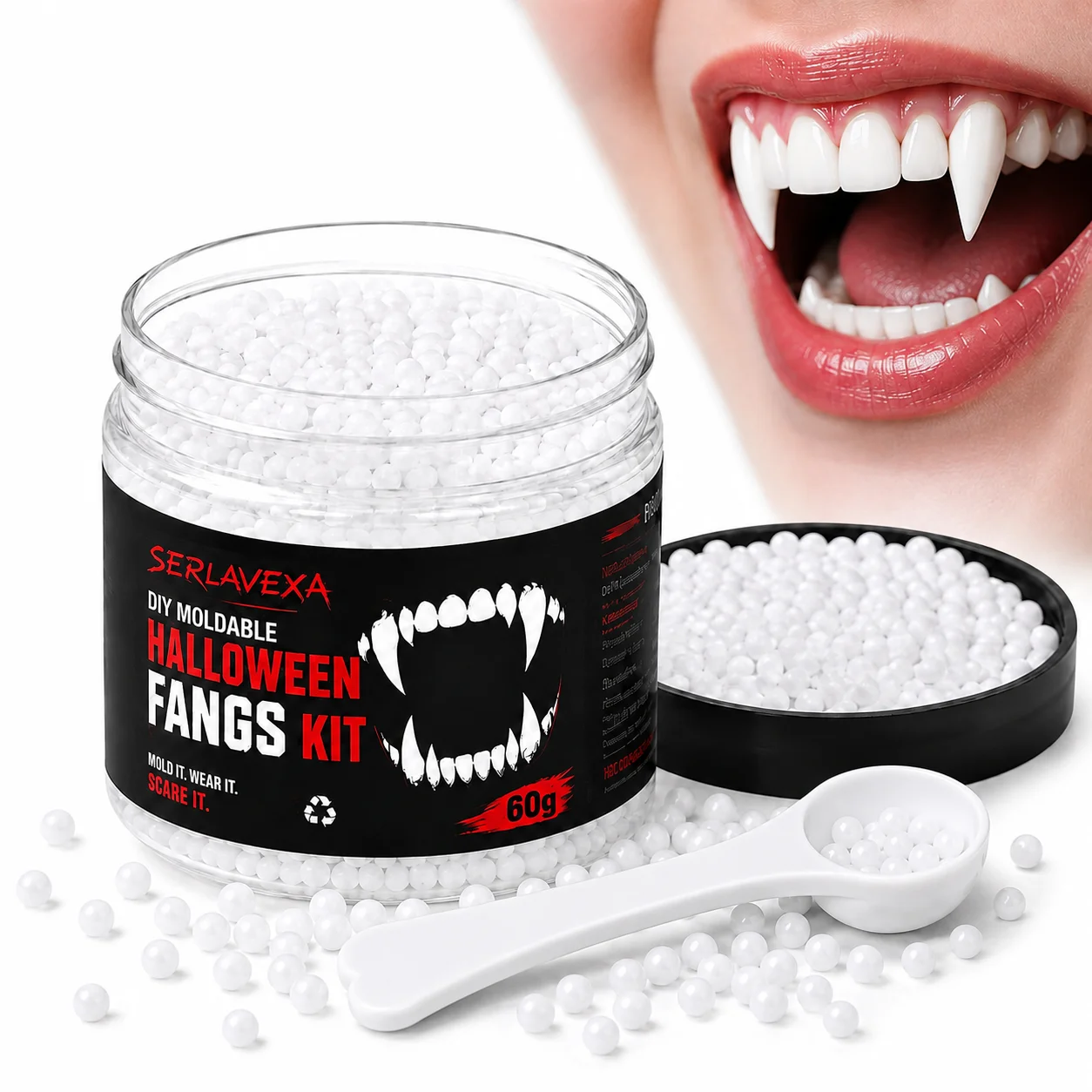 DIY Moldable Halloween Fangs Kit 60g Thermoplastic Beads for Vampire Costume Teeth Cosplay Party Props Shaping with Tweezers