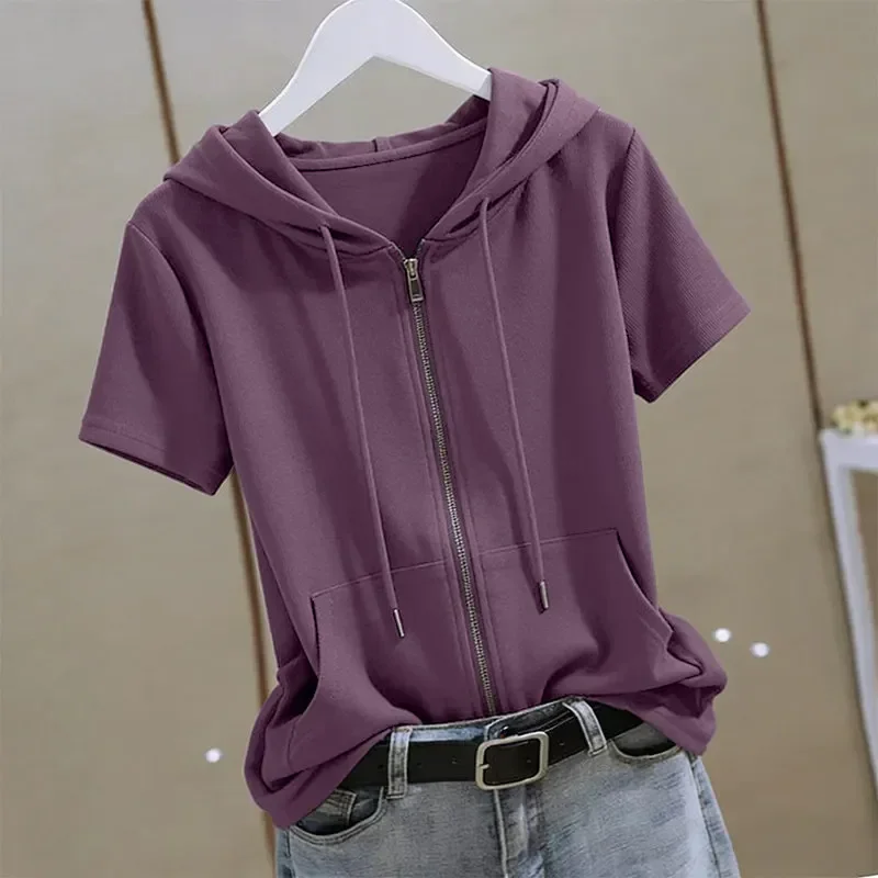 Women's Short Sleeve Zip Up Hoodie T-shirts 2026 Casual Drawstring Hooded Top with Pocket Lightweight Summer Sweatshirt Clothing
