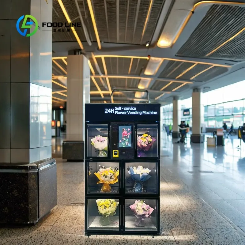 Customized fresh‑bouquet refrigerated locker cabinet six‑compartment digital display for transit hub floral retail service