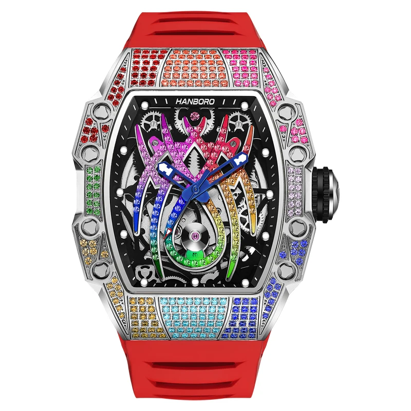 Herren Regenbogen Iced Out Tonneau Skelett Automatikuhr Mehrfarbig Kristallbesetzte Mechanische Armbanduhr mit Silikonarmband