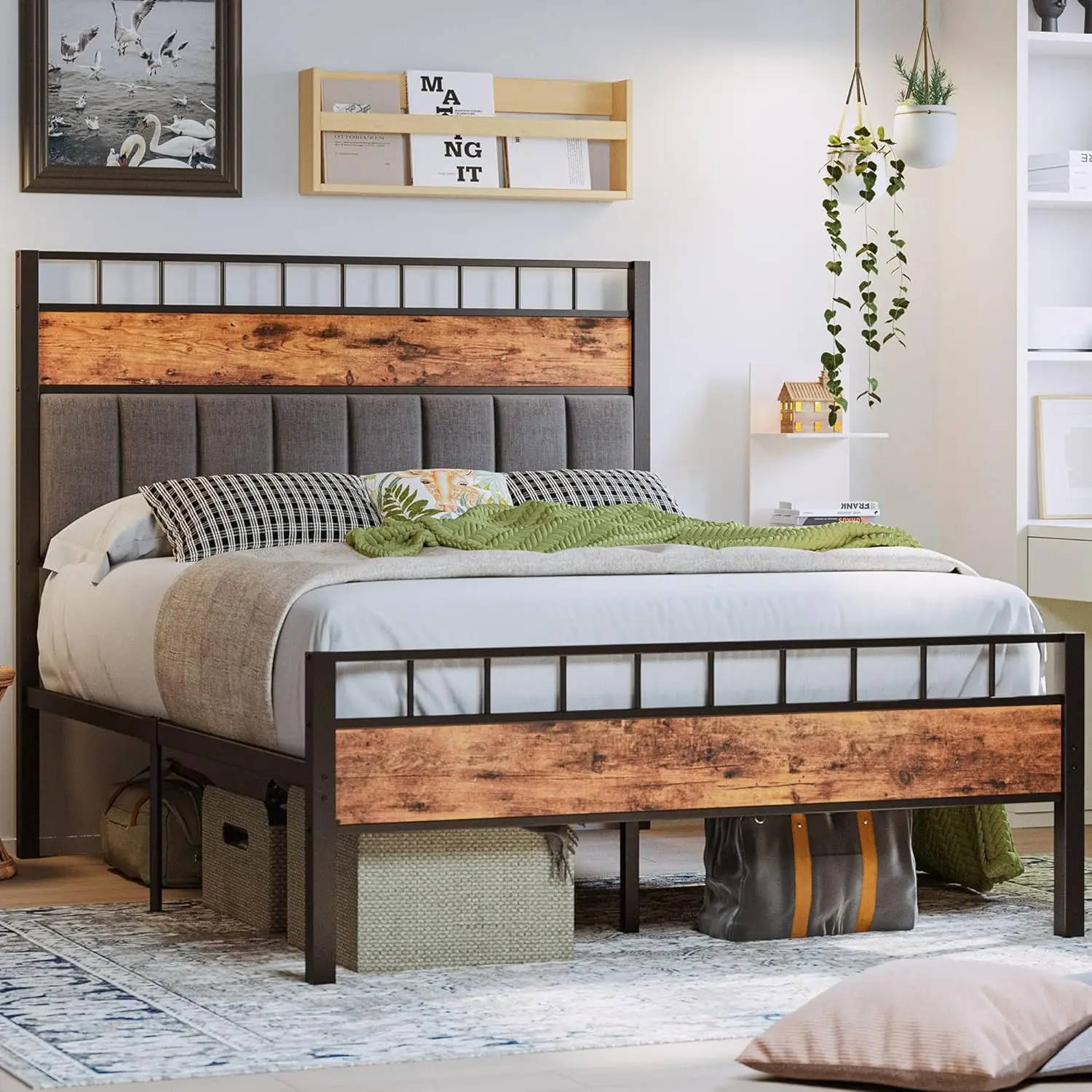 Full Size Bed Frame with upholstered high headboard, Sturdy and No Noise Platform Bed, No Box Spring Needed, Easy Assembly