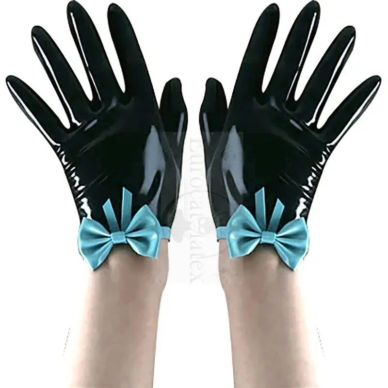 

Black And Lake Blue Sexy Short Latex Gloves With Bows And Trims French Maid Rubber Mittens