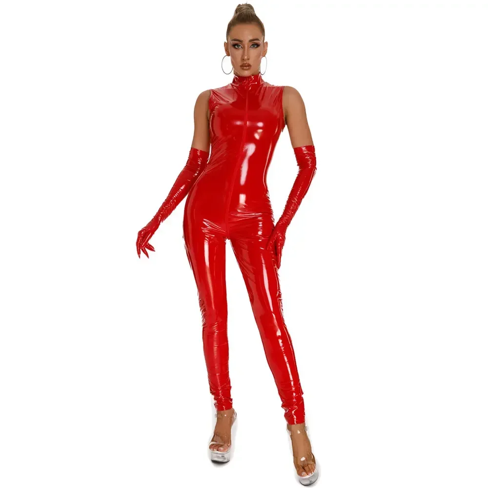 Faux Sexy Leather Jumpsuit With Gloves Exotic Sleeveless Zip Open Crotch PU Catsuit Lingerie Wetl Look Clubwear Bodysuit