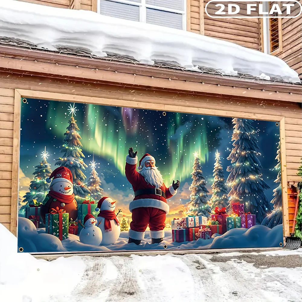

1pc Large Christmas Garage Door Banner, Festive Backdrops & Banners, Polyester Aurora & Starry Sky Santa Claus Snow Scene