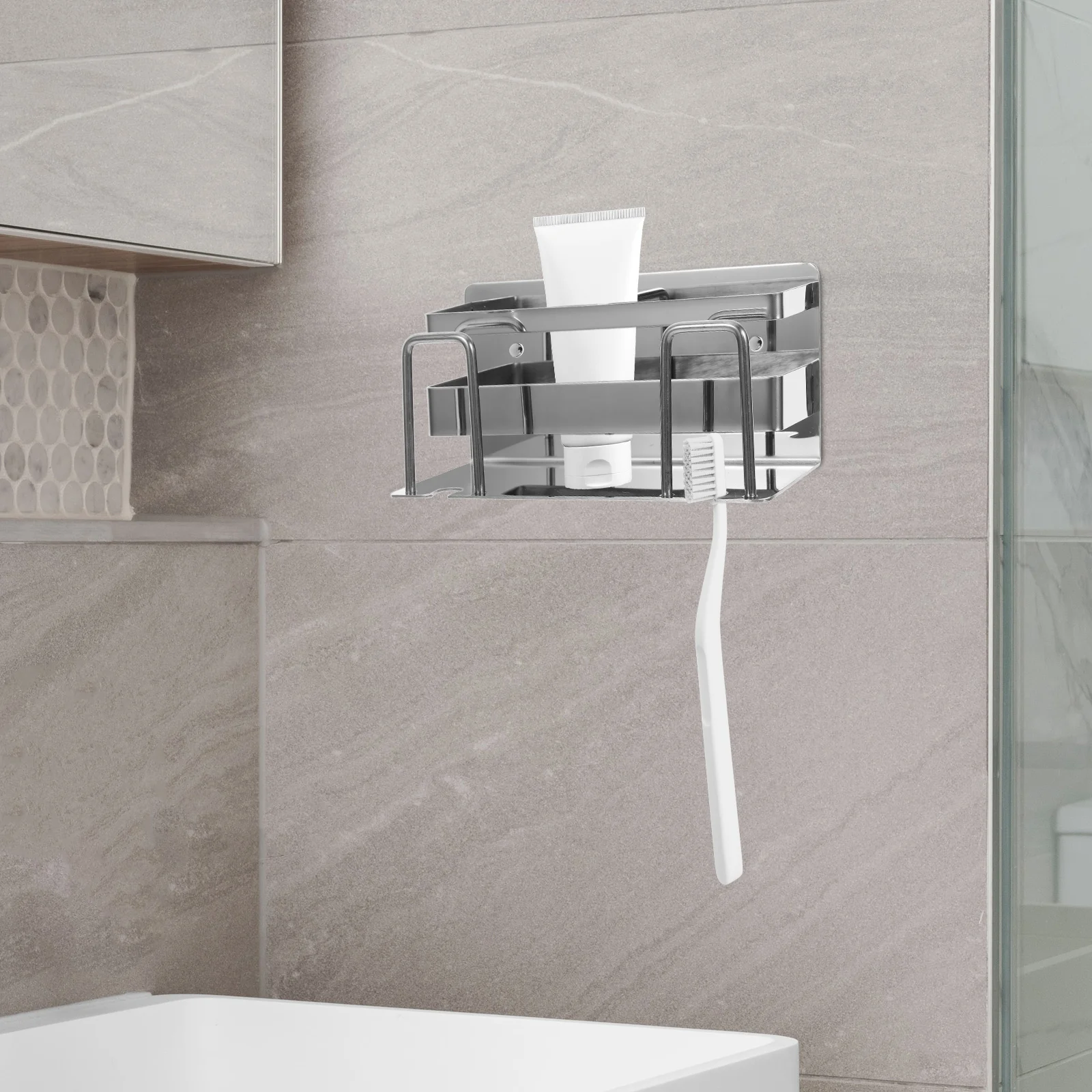 

Stainless Steel Toothbrush Holder Cup Rack Multi-functional Wall Mount Bathroom Organizer Mirror Finish Double Stand Toothpaste