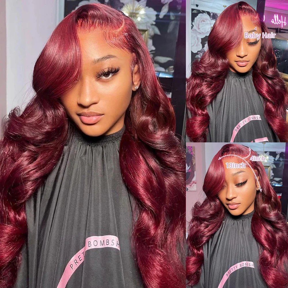 Wig gelombang tubuh Burgundy 99J wig rambut manusia Frontal 13x4 wig rambut manusia renda 30 inci 200% wig renda merah anggur untuk wanita