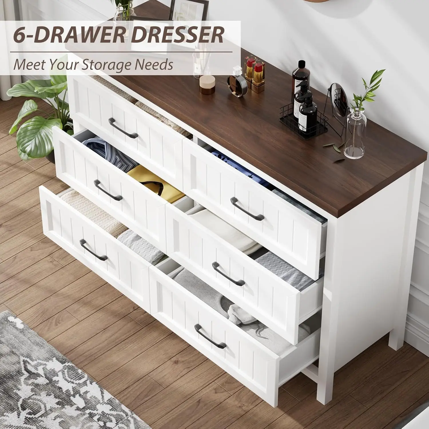 Dresser 6 Drawer Dresser for Bedroom, Large Wooden Dressers Double Grey Dresser with Deep Drawers Dressers for Hallway, Entryway