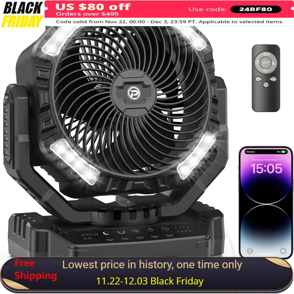 Camping Fan, 40000mAh, Portable Battery Powered, Outdoor Tent Fan, Hangable, with Remote Control Light Hook, Outdoor Fans