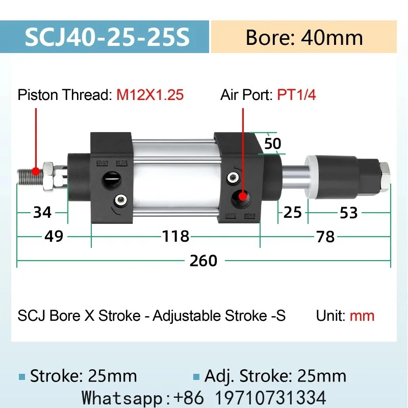 SCJ40 Heavy Duty Pneumatic Cylinder Stroke 25-200mm Air Cylinder Double Acting Large Bore Magnetic Adjustable Stroke Industrial