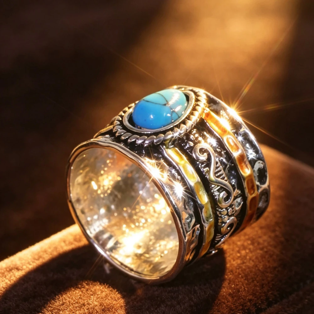 1 Pair of men's and women's identical retro color-matched turquoise wide rings. Waterdrop ethnic-style relief pattern finger ring. A fashionable and casual bohemian travel accessory for both men and women to wear together.