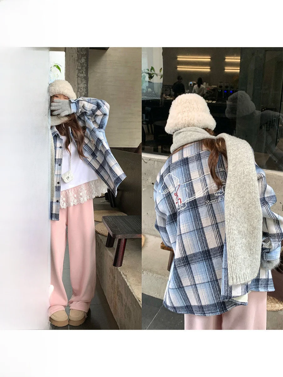 

COK Women's Fce Lined Woolen irt Coat Winter Plaid Pattern Embroidery Ba Small Dog Design Casual Outerwear