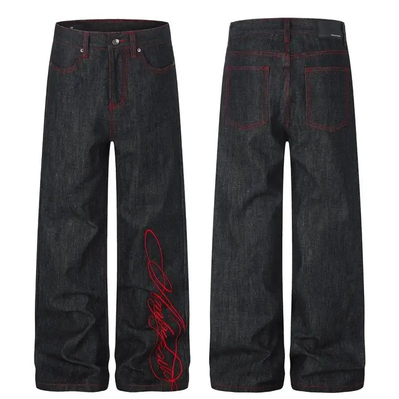 Vintage Raw Men's Denim Letter Embroidery Straight Jeans High Waist Contrast Red Stitch Loose Wide Leg Casual Pants R2Q6