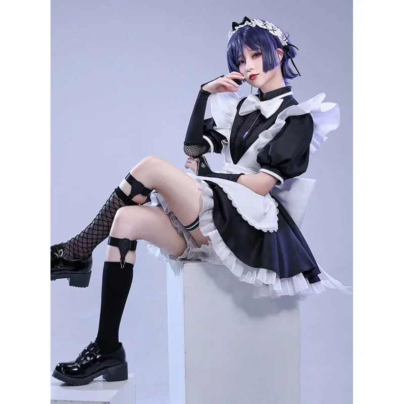 Anime Wanderer Scaramouche Maid Uniform Genshin Impact Cosplay Costume Black Lolita Short Sleeve Maid Dress with Ruffle Apron