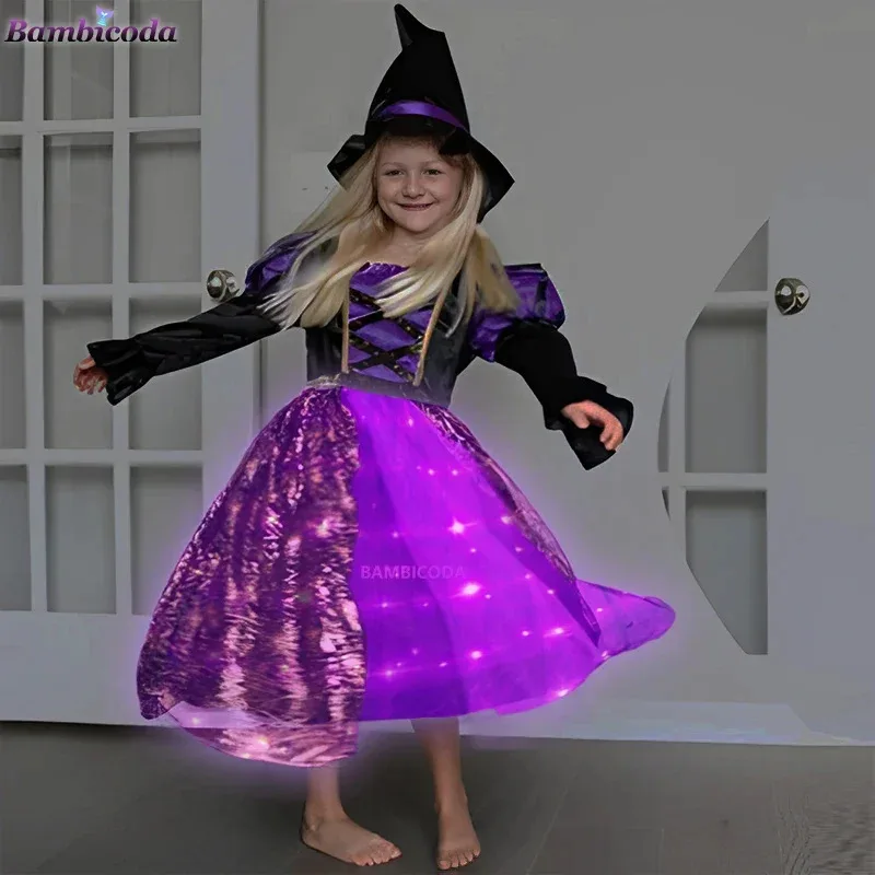 Sparkly witch Halloween costumes for girls LED light up purple long dress for Kids Carnival cosplay outfit with broom hat