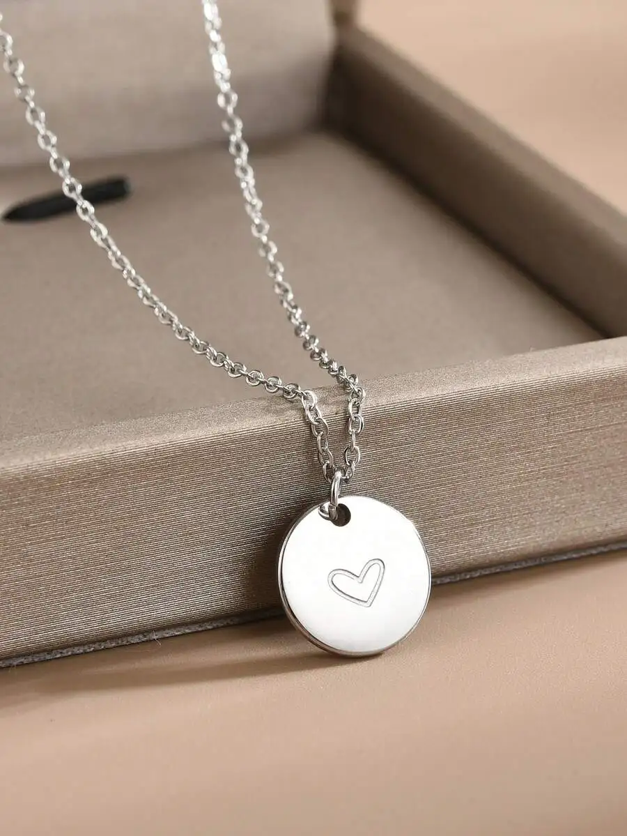 

Stainless Steel Round Heart Pendant Necklace Silver Color 45cm+5cm Chain