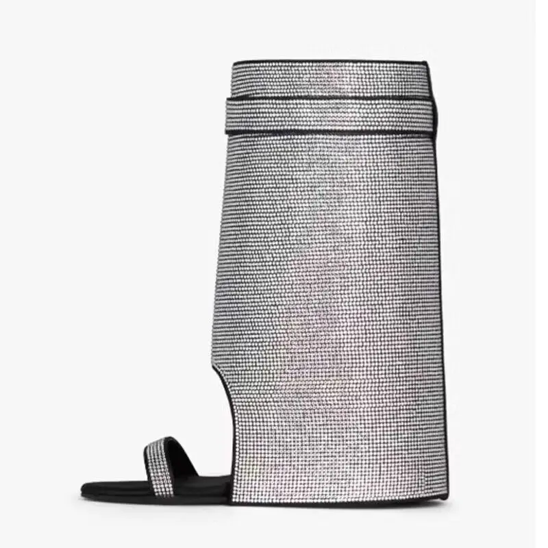 Luxury Women's Silver Full Diamond Open Toe Silver Padlock Short Boots Women's One Step Summer Slope Heel Trouser Boots Women's